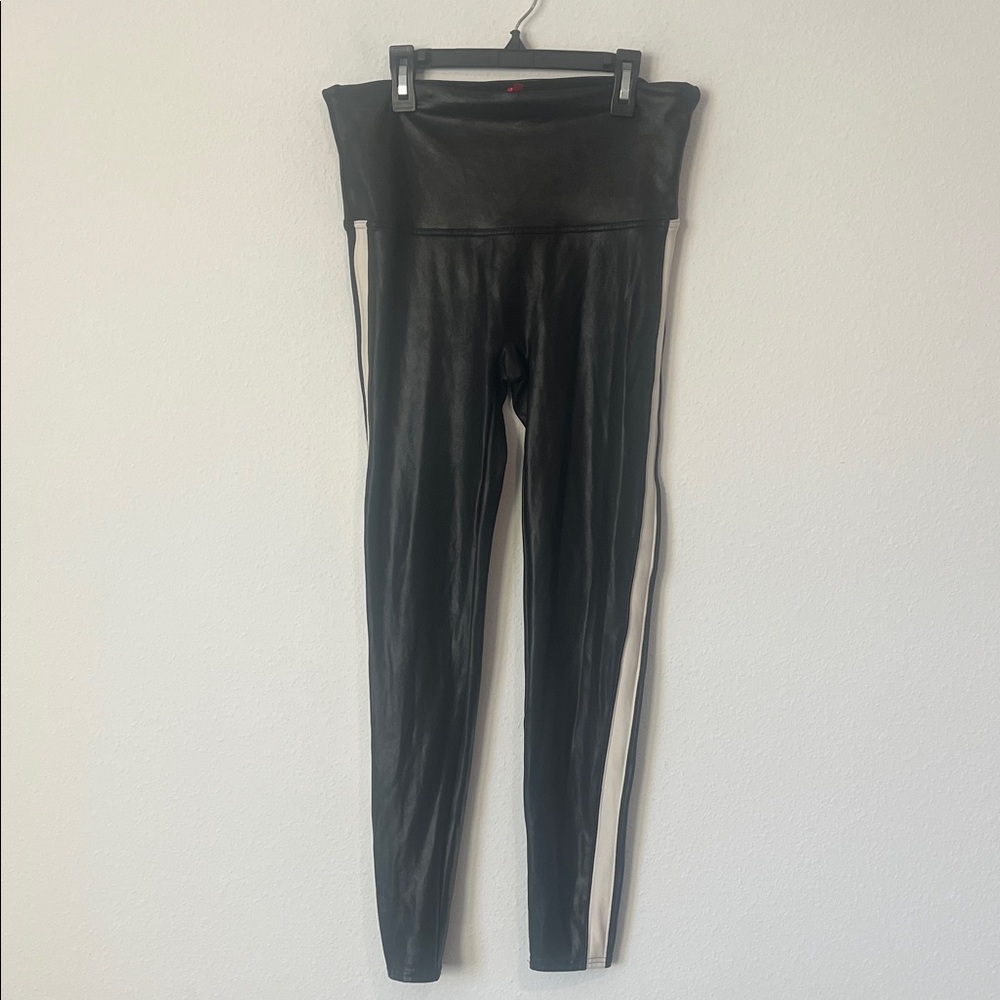 SPANX Black Faux Leather Leggings with White Stripe - Picture 2 of 5
